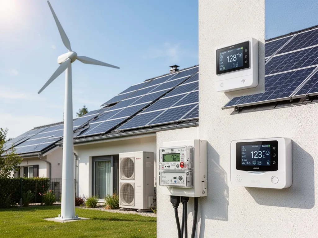 Éolienne domestique sur un mât d'une quinzaine de mètres dans un jardin pavillonnaire, ciel nuageux