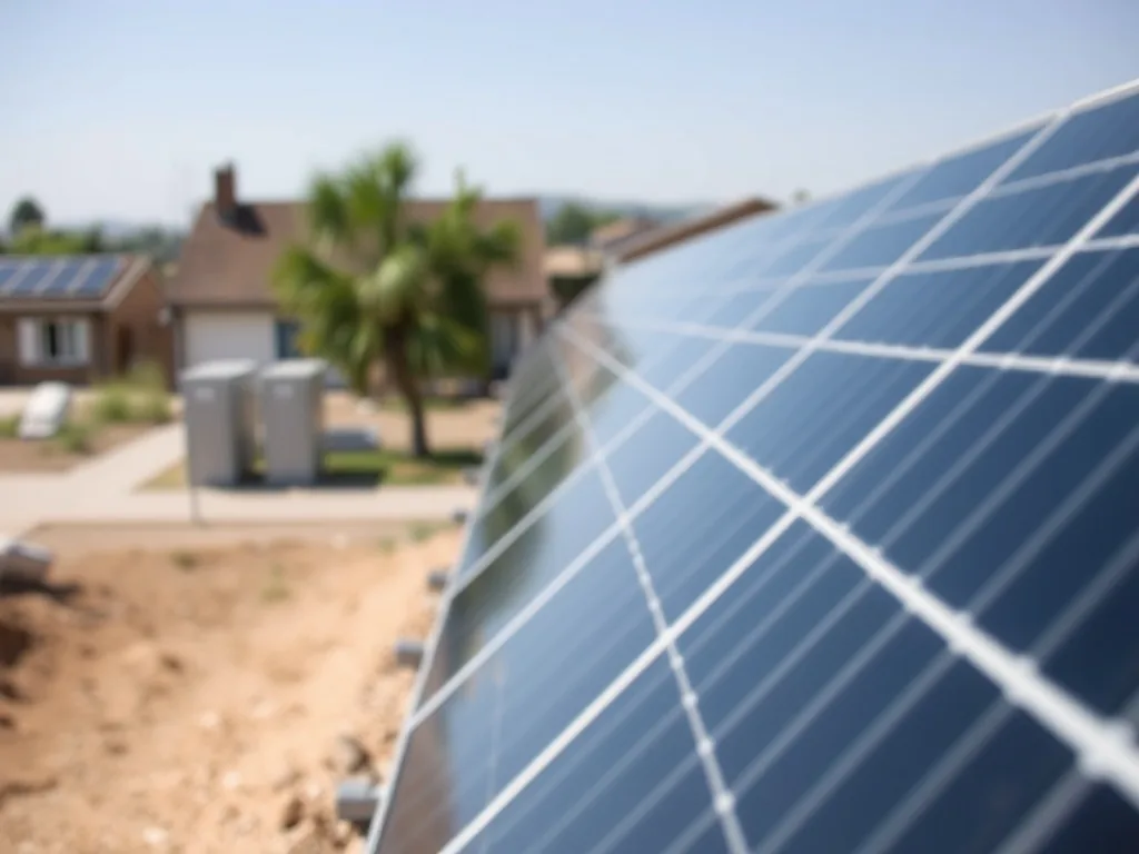 Toiture de maison de 100 m² équipée de panneaux solaires photovoltaïques, journée claire, arbres au second plan.